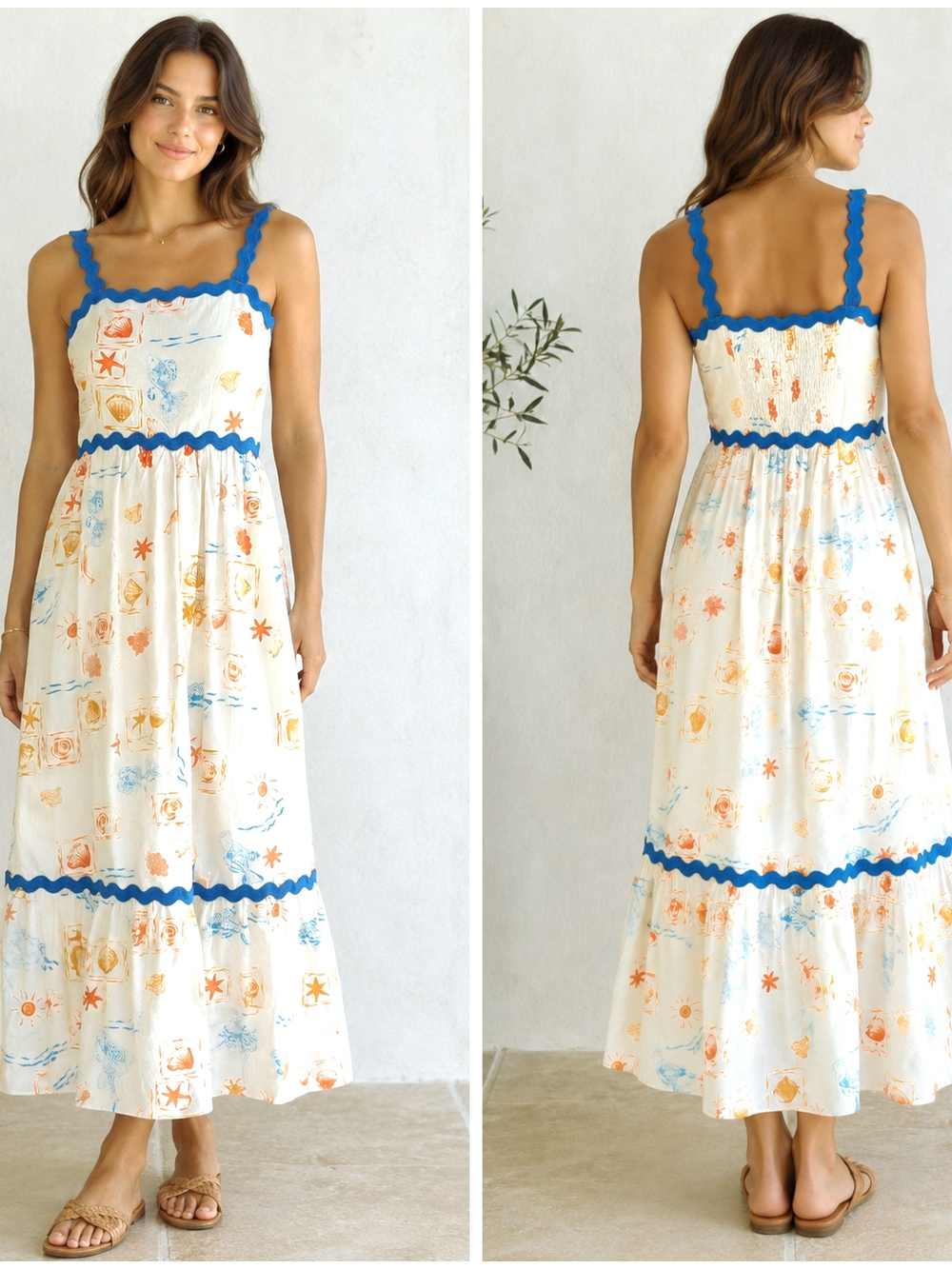 CeCe, Coastal Maxi Dress with Blue Ric Rac Trim - Picture 1 of 2